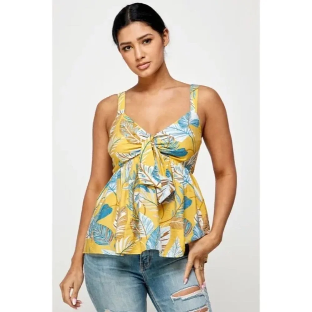 SOLD OUT Honey Yellow Blue Tropical Floral Knotted Cami Babydoll Summer Vacation - Picture 2 of 5